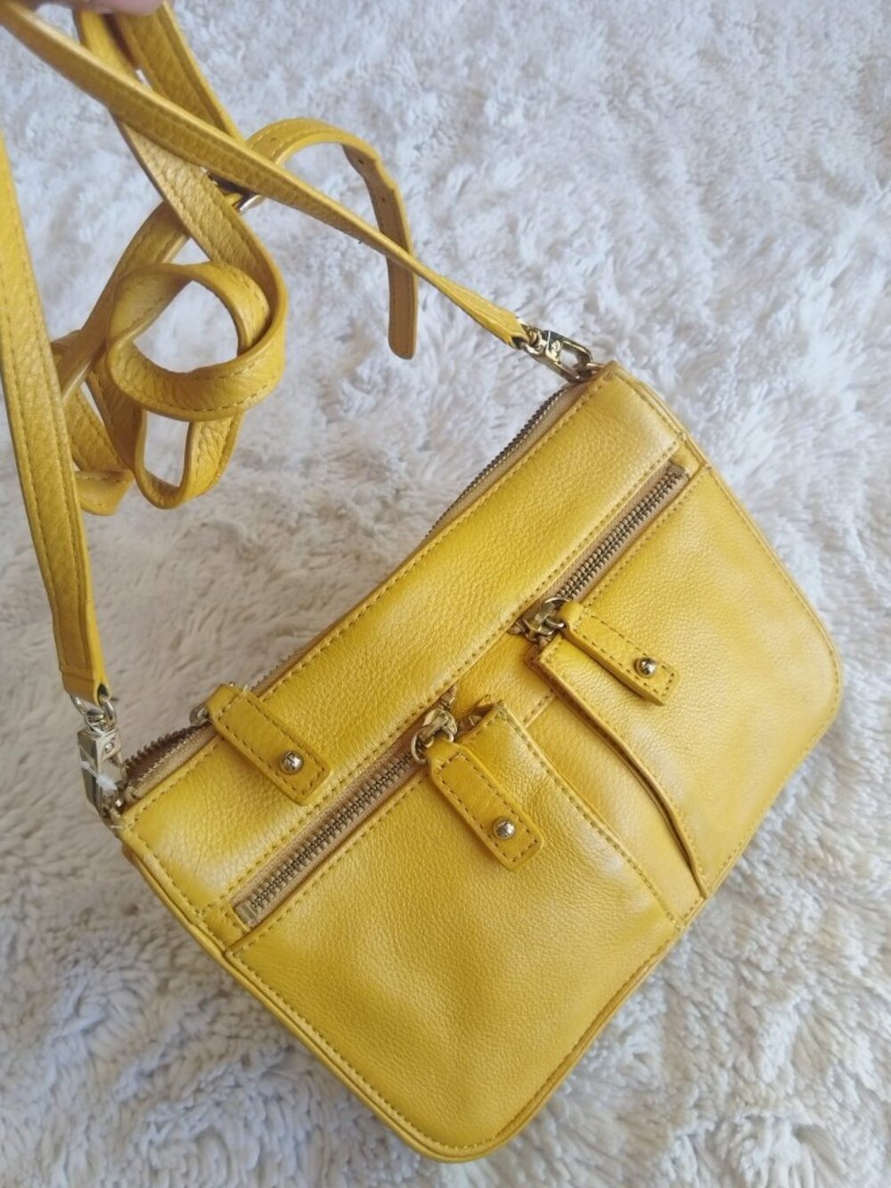 Talbots Yellow 100% Genuine Pebbled Leather Multi-Zip Crossbody Bag
